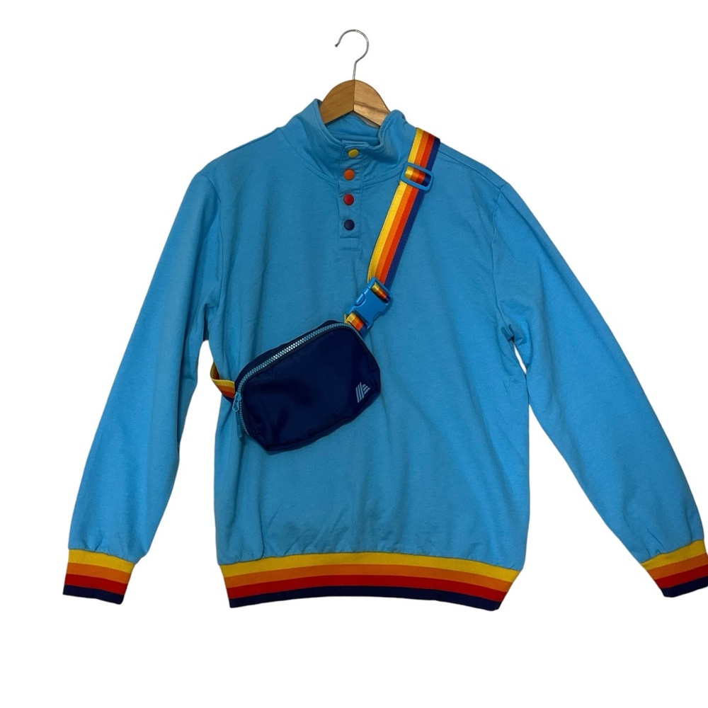 ALDI sz Medium Pullover + Navy Shoulder Pack Colorful Stripes Light Blue